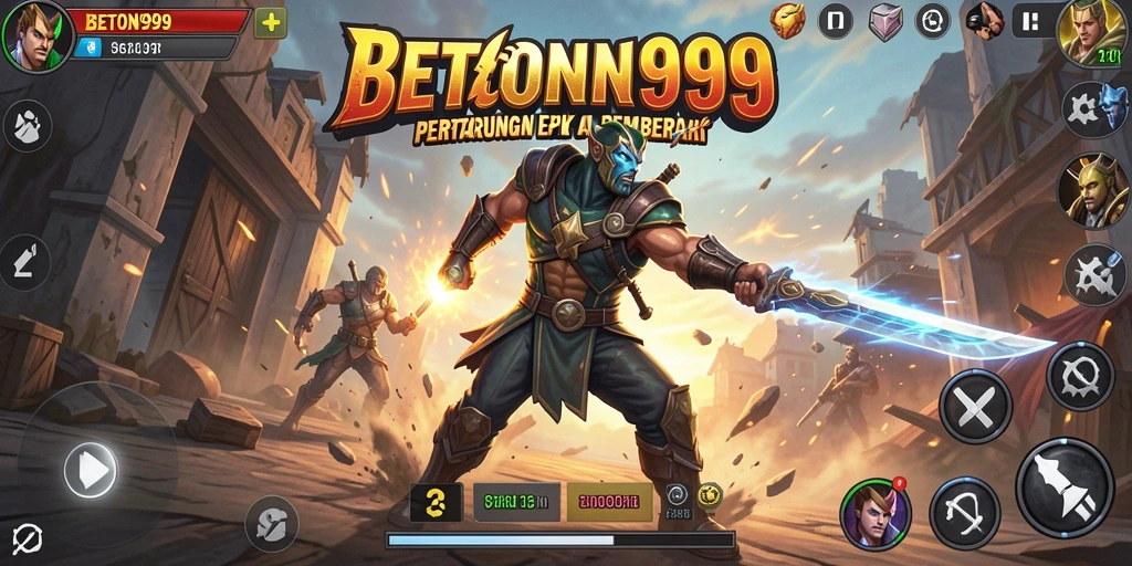 Screenshot BETON999 menampilkan aksi pertarungan intens dan karakter yang kuat.