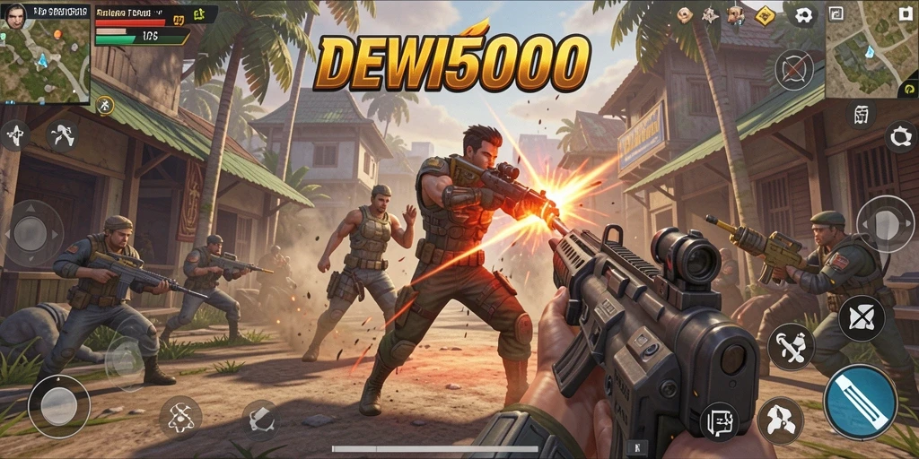 Screenshot gameplay DEWI5000 menampilkan aksi tembak-menembak yang mendebarkan.