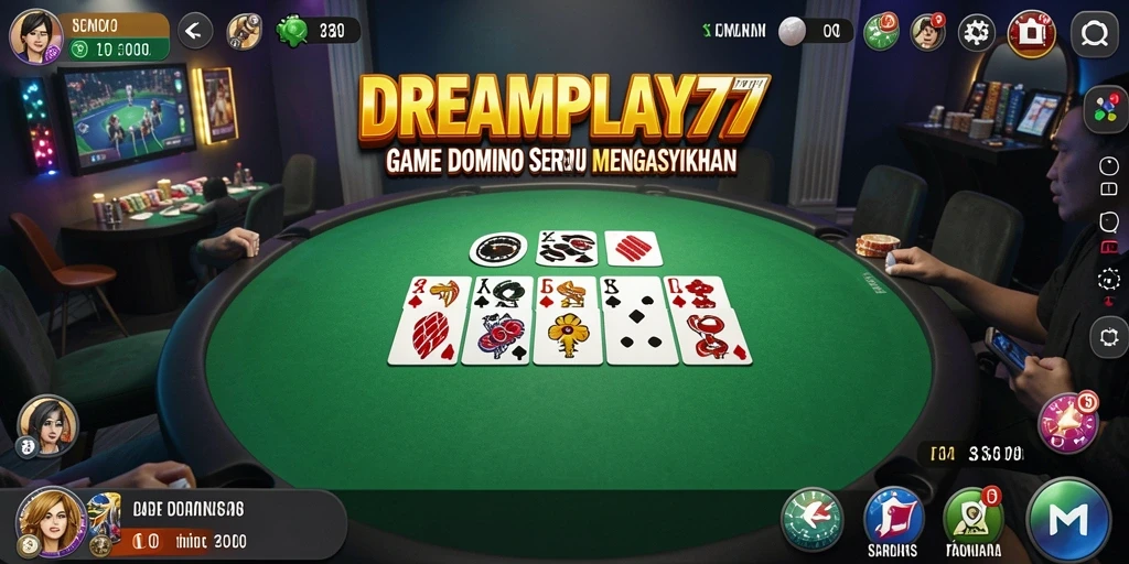 Tampilan gameplay seru dalam aplikasi DREAMPLAY77 yang menghadirkan permainan domino.