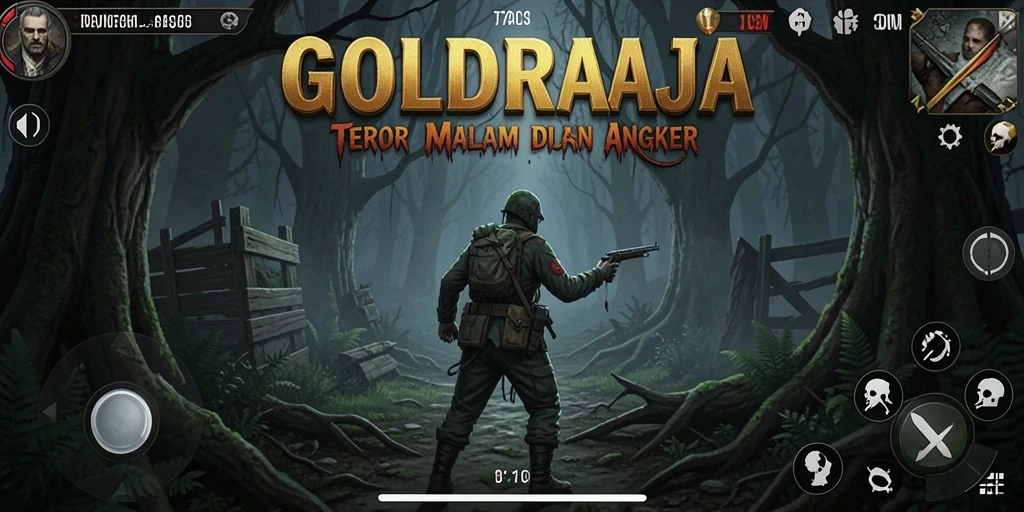 Screenshot gameplay GOLDRAJA yang menampilkan suasana horror mencekam.