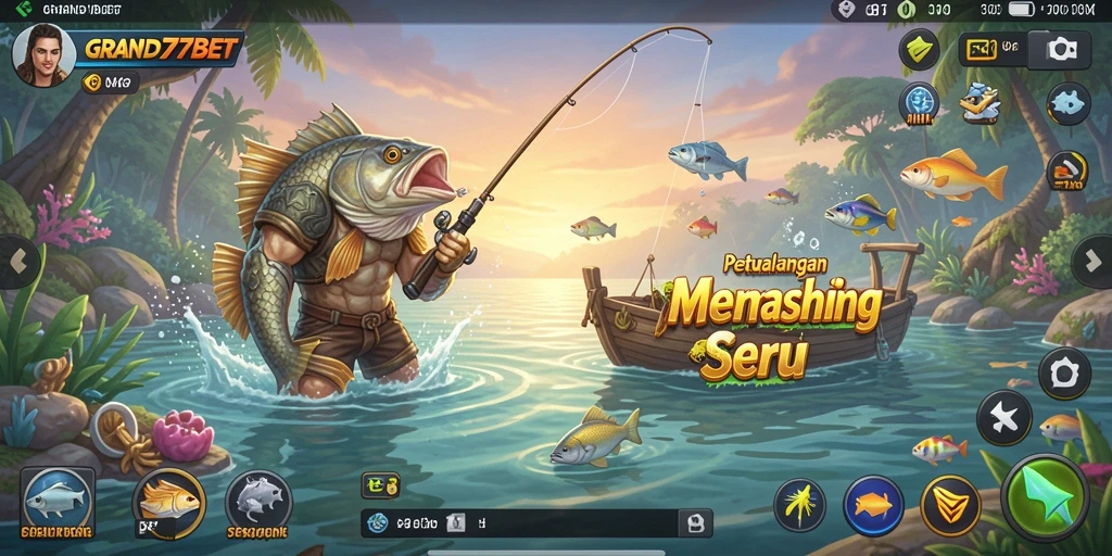 Tangkapan besar dalam gameplay <strong>GRAND77BET</strong> saat memancing di laut.