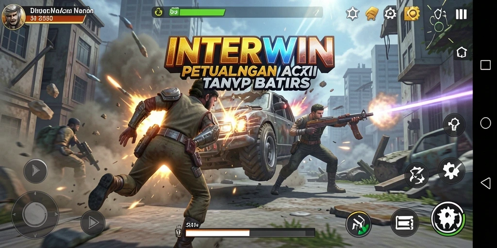 Tampilan gameplay INTERWIN yang mendebarkan dengan pertempuran aksi intens.