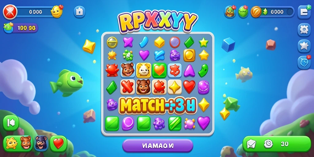 Tampilan menarik dari gameplay Match-3 RPYYY yang seru dan penuh warna.